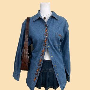 vintage 90s denim autumnal leaves embroidered granola cottagecore button up